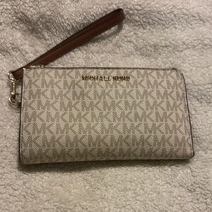 Michael Kors Beige and Brown MK Logo Wristlet Wallet